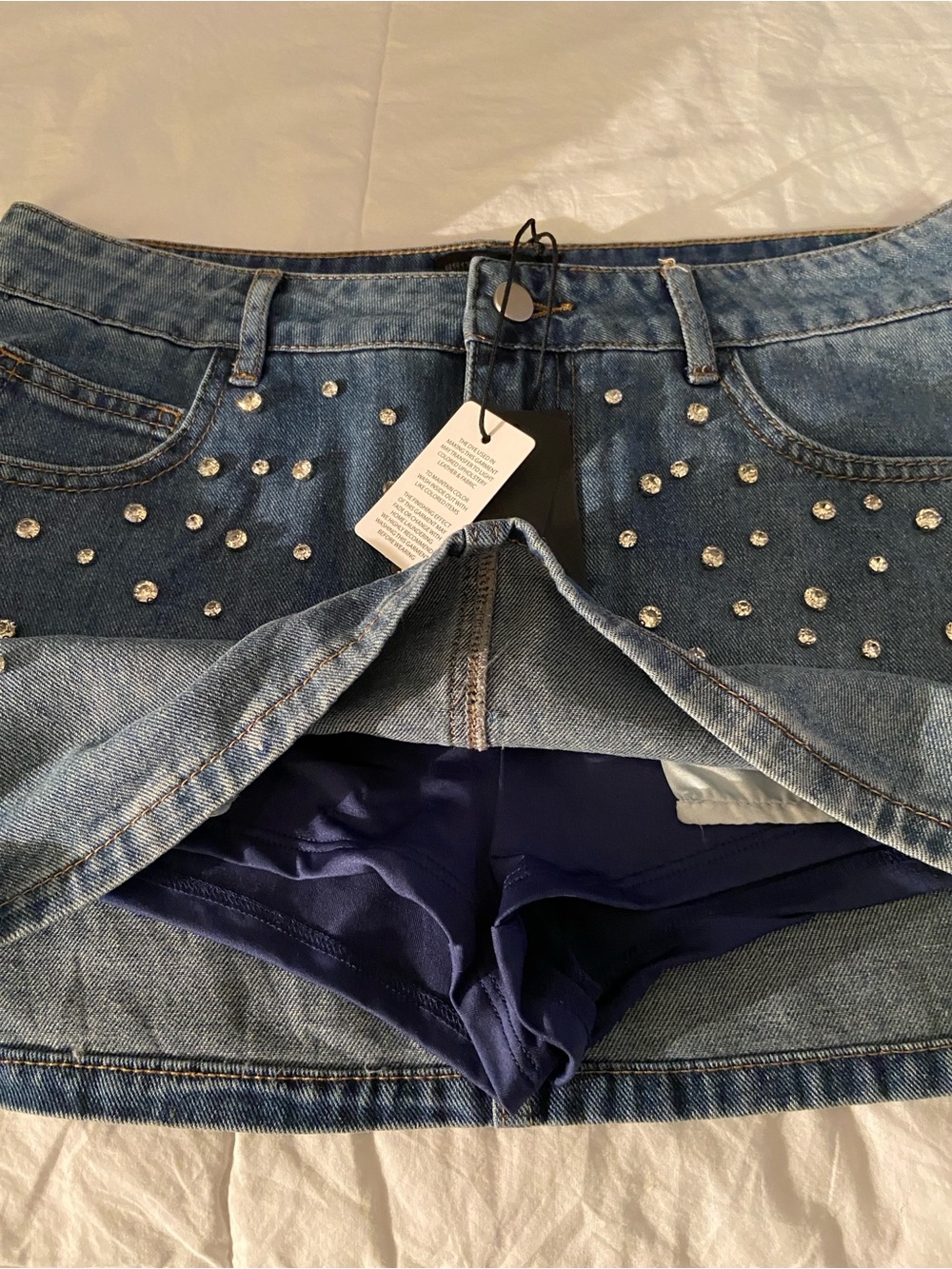 Denim Mini Skirt with Stud Embellishments  and attached shorts underneath